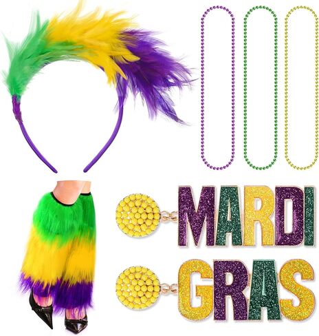 JieyueJewelry 6 قطع ماردي غرا زي الملحقات مجموعة ماردي غرا تتدلى الأقراط فو الفراء الساق تدفئة ريشة فاسيناتور عقال ماردي غرا الخرز القلائد للنساء والفتيات in Kuwait