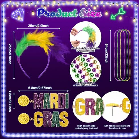 JieyueJewelry 6 قطع ماردي غرا زي الملحقات مجموعة ماردي غرا تتدلى الأقراط فو الفراء الساق تدفئة ريشة فاسيناتور عقال ماردي غرا الخرز القلائد للنساء والفتيات in Kuwait