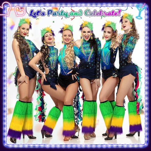 JieyueJewelry 6 قطع ماردي غرا زي الملحقات مجموعة ماردي غرا تتدلى الأقراط فو الفراء الساق تدفئة ريشة فاسيناتور عقال ماردي غرا الخرز القلائد للنساء والفتيات in Kuwait