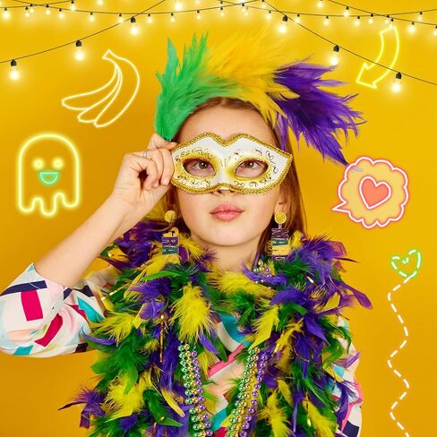 JieyueJewelry 6 قطع ماردي غرا زي الملحقات مجموعة ماردي غرا تتدلى الأقراط فو الفراء الساق تدفئة ريشة فاسيناتور عقال ماردي غرا الخرز القلائد للنساء والفتيات in Kuwait