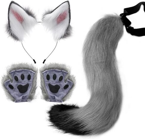JUNBOON Faux Fur Cat Ears and Wolf Fox Tail Set Adult Kids Claw Glove Kit for Halloween Anime Cosplay Party in Saudi Arabia