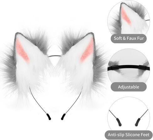 JUNBOON Faux Fur Cat Ears and Wolf Fox Tail Set Adult Kids Claw Glove Kit for Halloween Anime Cosplay Party in Saudi Arabia