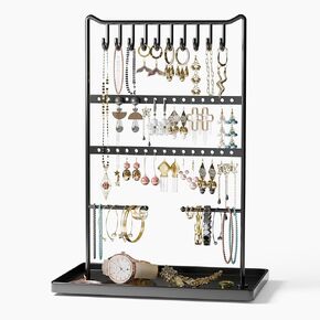 bussdis Jewelry Organizer Earring Holder Stand - Holder for Bracelet Rings Display Organizers and Storage Necklace Tower Black with 10 Hooks 30 Slots 2 Hanging Bars 12.2''x 8.3''x 5.1'' in Kuwait