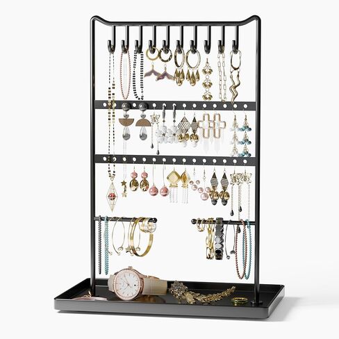bussdis Jewelry Organizer Earring Holder Stand - Holder for Bracelet Rings Display Organizers and Storage Necklace Tower Black with 10 Hooks 30 Slots 2 Hanging Bars 12.2''x 8.3''x 5.1'' in Kuwait