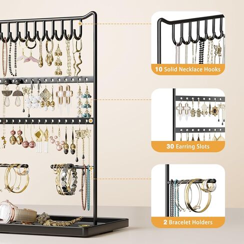 bussdis Jewelry Organizer Earring Holder Stand - Holder for Bracelet Rings Display Organizers and Storage Necklace Tower Black with 10 Hooks 30 Slots 2 Hanging Bars 12.2''x 8.3''x 5.1'' in Kuwait