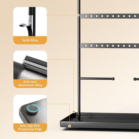 bussdis Jewelry Organizer Earring Holder Stand - Holder for Bracelet Rings Display Organizers and Storage Necklace Tower Black with 10 Hooks 30 Slots 2 Hanging Bars 12.2''x 8.3''x 5.1'' in Kuwait