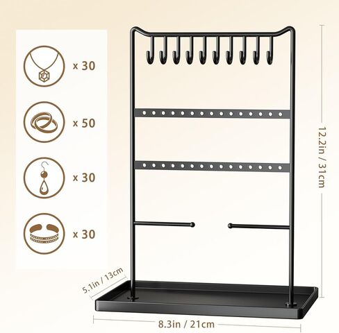 bussdis Jewelry Organizer Earring Holder Stand - Holder for Bracelet Rings Display Organizers and Storage Necklace Tower Black with 10 Hooks 30 Slots 2 Hanging Bars 12.2''x 8.3''x 5.1'' in Kuwait