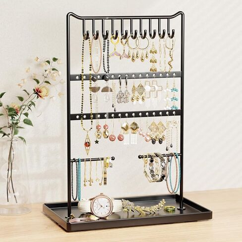 bussdis Jewelry Organizer Earring Holder Stand - Holder for Bracelet Rings Display Organizers and Storage Necklace Tower Black with 10 Hooks 30 Slots 2 Hanging Bars 12.2''x 8.3''x 5.1'' in Kuwait