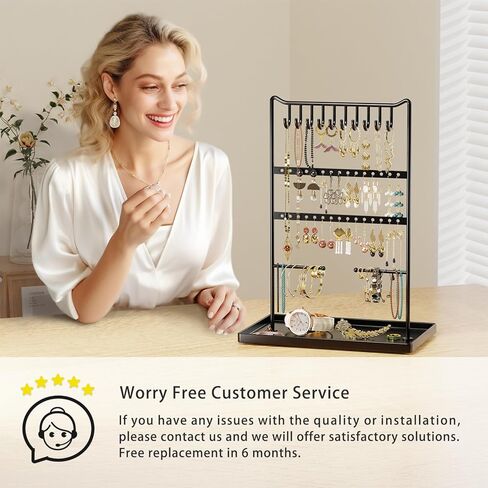 bussdis Jewelry Organizer Earring Holder Stand - Holder for Bracelet Rings Display Organizers and Storage Necklace Tower Black with 10 Hooks 30 Slots 2 Hanging Bars 12.2''x 8.3''x 5.1'' in Kuwait