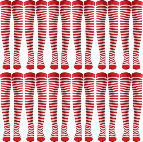 JaGely 12 Pcs Christmas Red White Striped Sock Long High Tights Thigh Socks Striped Thigh over Red White Knee Stockings for Women Girls Cosplay Party Costume in Saudi Arabia
