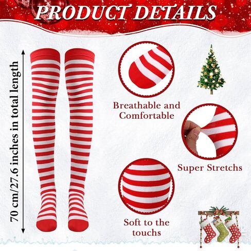 JaGely 12 Pcs Christmas Red White Striped Sock Long High Tights Thigh Socks Striped Thigh over Red White Knee Stockings for Women Girls Cosplay Party Costume in Saudi Arabia