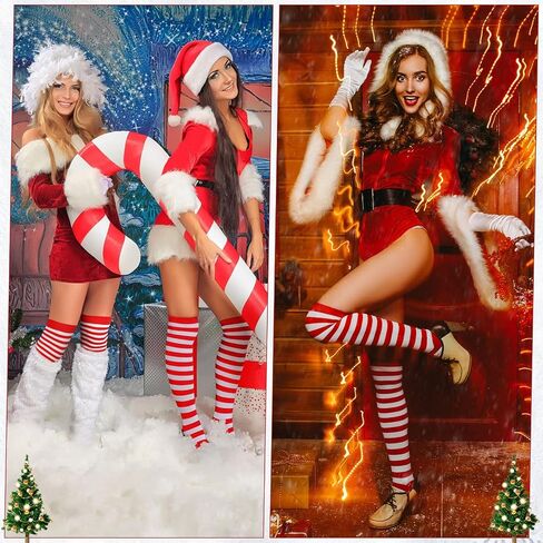 JaGely 12 Pcs Christmas Red White Striped Sock Long High Tights Thigh Socks Striped Thigh over Red White Knee Stockings for Women Girls Cosplay Party Costume in Saudi Arabia