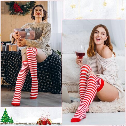 JaGely 12 Pcs Christmas Red White Striped Sock Long High Tights Thigh Socks Striped Thigh over Red White Knee Stockings for Women Girls Cosplay Party Costume in Saudi Arabia