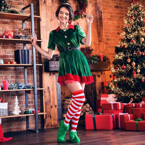 JaGely 12 Pcs Christmas Red White Striped Sock Long High Tights Thigh Socks Striped Thigh over Red White Knee Stockings for Women Girls Cosplay Party Costume in Saudi Arabia