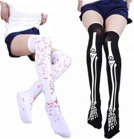 دلفينوس جوارب عالية للهالوين، زوجان من الجوارب الدموية الزومبي عالية الفخذ مع ورقتين من ملصقات الوشم، ابيض، M in Kuwait