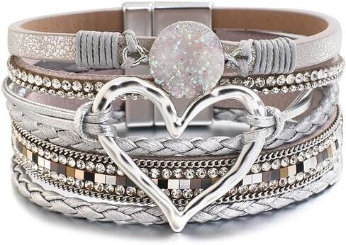 Fuqimanman2020 Heart Leather Wrap Bracelets Boho Stackable Cuff Bangles Resin Stone Rhinestone Bracelets with Magnetic Clasp Christmas Jewelry Gift for Women in Kuwait