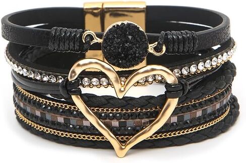 Fuqimanman2020 Heart Leather Wrap Bracelets Boho Stackable Cuff Bangles Resin Stone Rhinestone Bracelets with Magnetic Clasp Christmas Jewelry Gift for Women in Kuwait