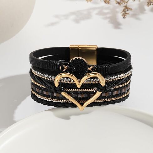 Fuqimanman2020 Heart Leather Wrap Bracelets Boho Stackable Cuff Bangles Resin Stone Rhinestone Bracelets with Magnetic Clasp Christmas Jewelry Gift for Women in Kuwait