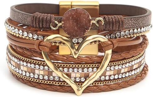 Fuqimanman2020 Heart Leather Wrap Bracelets Boho Stackable Cuff Bangles Resin Stone Rhinestone Bracelets with Magnetic Clasp Christmas Jewelry Gift for Women in Kuwait