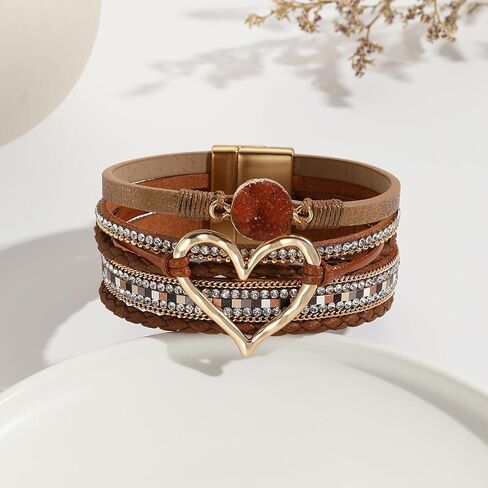 Fuqimanman2020 Heart Leather Wrap Bracelets Boho Stackable Cuff Bangles Resin Stone Rhinestone Bracelets with Magnetic Clasp Christmas Jewelry Gift for Women in Kuwait