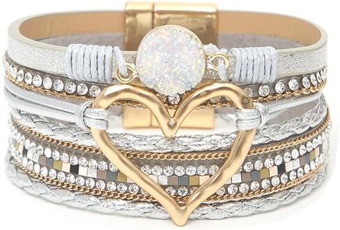 Fuqimanman2020 Heart Leather Wrap Bracelets Boho Stackable Cuff Bangles Resin Stone Rhinestone Bracelets with Magnetic Clasp Christmas Jewelry Gift for Women in Kuwait