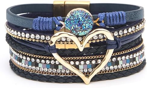 Fuqimanman2020 Heart Leather Wrap Bracelets Boho Stackable Cuff Bangles Resin Stone Rhinestone Bracelets with Magnetic Clasp Christmas Jewelry Gift for Women in Kuwait