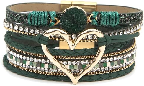 Fuqimanman2020 Heart Leather Wrap Bracelets Boho Stackable Cuff Bangles Resin Stone Rhinestone Bracelets with Magnetic Clasp Christmas Jewelry Gift for Women in Kuwait