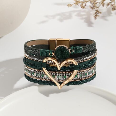 Fuqimanman2020 Heart Leather Wrap Bracelets Boho Stackable Cuff Bangles Resin Stone Rhinestone Bracelets with Magnetic Clasp Christmas Jewelry Gift for Women in Kuwait