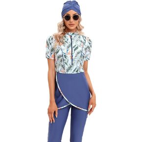seafanny Women Muslim Swimwear Crop Short Burkini Modest Swimsuit with Front Zipper