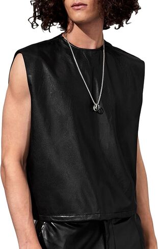 WDIRARA Men's Colorblock Two Tone PU Leather Round Neck Sleeveless Tank Tops in Kuwait
