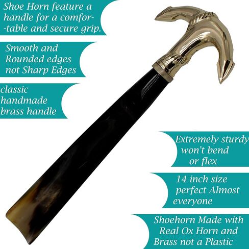 Shoe Horn Made with Real Horn Handmade. Easy Grip Long Brass anchor handle Shoehorn for Men,Women Seniors, Pregnancy, Elderly, back pain, tall people and kids Shoes & Boots.Home or Travel .(14''brass) in Saudi Arabia