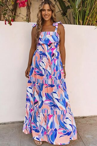 AlvaQ Women's 2024 Summer Sleeveless Floral Print Maxi Dress Strap Square Neck Beach Sun Dress in Kuwait