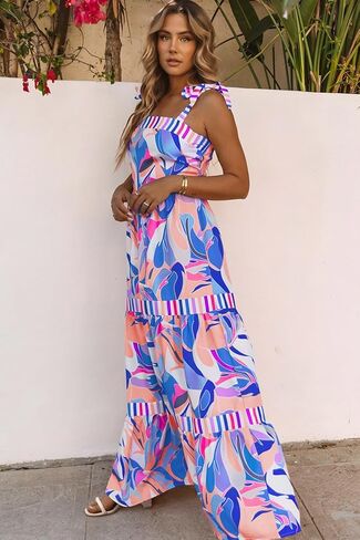 AlvaQ Women's 2024 Summer Sleeveless Floral Print Maxi Dress Strap Square Neck Beach Sun Dress in Kuwait