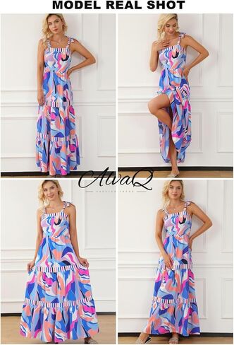 AlvaQ Women's 2024 Summer Sleeveless Floral Print Maxi Dress Strap Square Neck Beach Sun Dress in Kuwait
