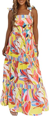 AlvaQ Women's 2024 Summer Sleeveless Floral Print Maxi Dress Strap Square Neck Beach Sun Dress in Kuwait