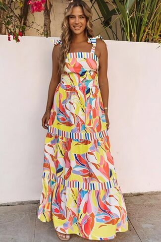 AlvaQ Women's 2024 Summer Sleeveless Floral Print Maxi Dress Strap Square Neck Beach Sun Dress in Kuwait