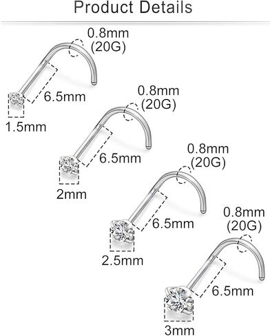 Cisyozi 22G 20G 18G Titanium Nose Rings Hypoallergenic Corkscrew Medical Grade Nose Rings Studs for Women Men Shiny Cubic Zirconia Nose Rings Piercings Jewelry for Sensitive Skin in Kuwait