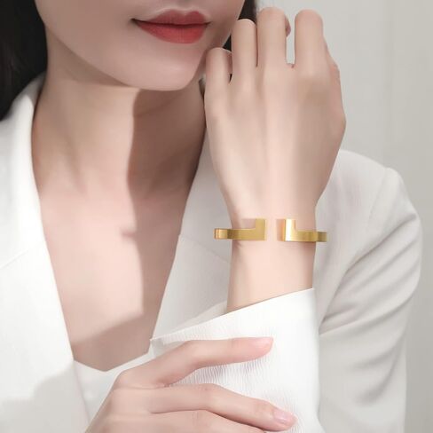 Kaydenana Cuff Bracelet for Women Spring-Clasp Design Couples Bangle Polished Finish Stainless Steel Metal Gold Silver Rose Gold Plated Chunky for Girls Christmas Gifts Jewelry in Saudi Arabia