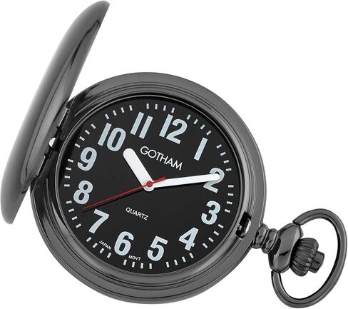Gotham Men's Gun-Tone Low Vision Bold Number Polished Finish Covered Quartz Pocket Watch # GWC15045BBK in Saudi Arabia