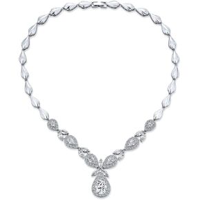 Art Deco Vintage Style Marquise Leaf Starburst AAA CZ Statement Cleavage Teardrop Choker Necklace & Chandelier Dangle Clip On Or Pierced Earrings Cubic Zirconia Bridal Jewelry Set For Women Pageant