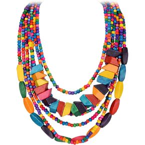 Flyonce Bib Statement Multi Layered Chunky Necklace, Vintage Boho Wood Beaded Strand Collar Necklace for Women Girls