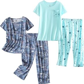 PNAEONG 2 Pack Women's Pajama Sets Short Sleeve Sleepwear Tops with Capri Pants Summer Loungewear Pj Sets S-3XL
