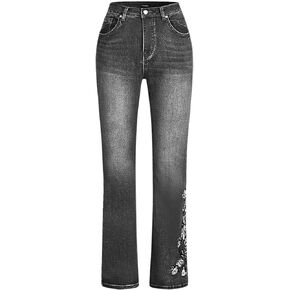 Flamingals Women's Floral Embroidery Mid Waist High Stretch Bootcut Jeans with Pockets