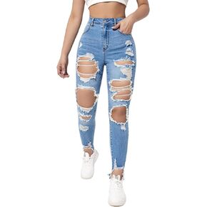 بنطال جينز WDIRARA النسائي ذو الخصر العالي والممزق بحاشية خام ممزقة in Kuwait