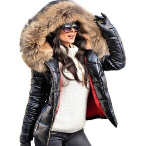 Roiii Women Winter Warm Down Jacket Thick Slim Flash Coat Down Outdoor Hood Parka Short Slim Jacket Black in Kuwait