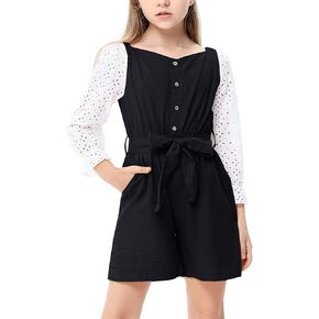 LIONJIE Girls Summer 3/4 Sleeve Short Romper Elastic Waist Shorts Jumpsuit with Belt and Pockets 3-12Y