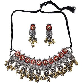 Indian Ethnic Antique Afghani Silver Oxidized Polish Ghungroo Bells Boho Gypsy Tribal Statement Multi Mirror Stone Choker Thread Necklace Earrings Jewelry for Women Girls in Saudi Arabia