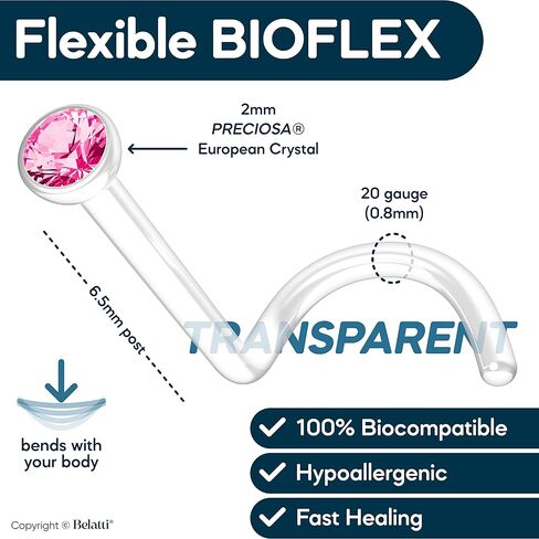 بيلاتي 6 قطع حلقات أنف شفافة 20 جرام للنساء والرجال 2 ملم كريستال تشيكوسلوفاكيا | مجموعة شريط مستقيم للأنف من البلاستيك الشفاف المتوافق حيويًا مقاس 20 | مجوهرات بيوفليكس الشفافة لثقب الأنف لا تسبب الحساسية (اختر اللون) in Kuwait