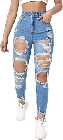 بنطال جينز WDIRARA النسائي ذو الخصر العالي والممزق بحاشية خام ممزقة in Kuwait