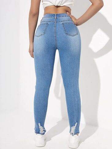 بنطال جينز WDIRARA النسائي ذو الخصر العالي والممزق بحاشية خام ممزقة in Kuwait